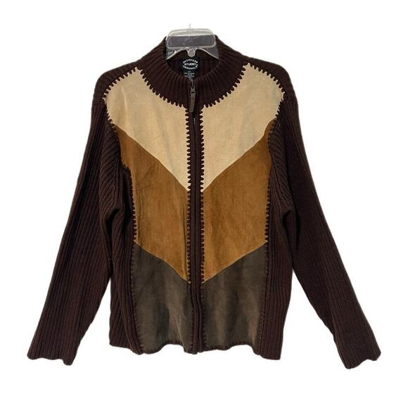 designer Studio Originals Sweaters - Vtg 90s designers studio originals Suede Patchwork Zip Brown Cardigan Sweater 1X